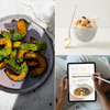 Organic cleanse featuring roasted squash with green sauce, chia pudding with fruit, and a digital reset meal plan on a tablet.